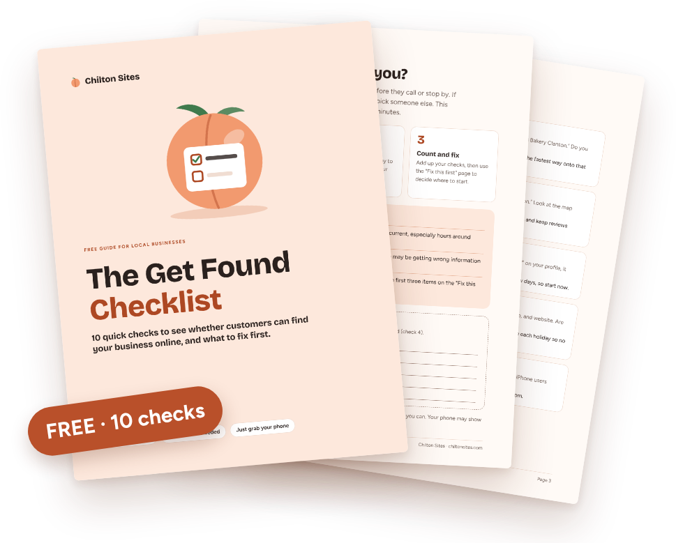 Preview of The Get Found Checklist: a peach cover page and inside pages with checkboxes